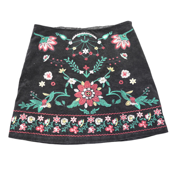 Blu Pepper Black Mini Skirt Sz S Embroidered Floral Corduroy Lined Cotton Skater - Picture 1 of 10
